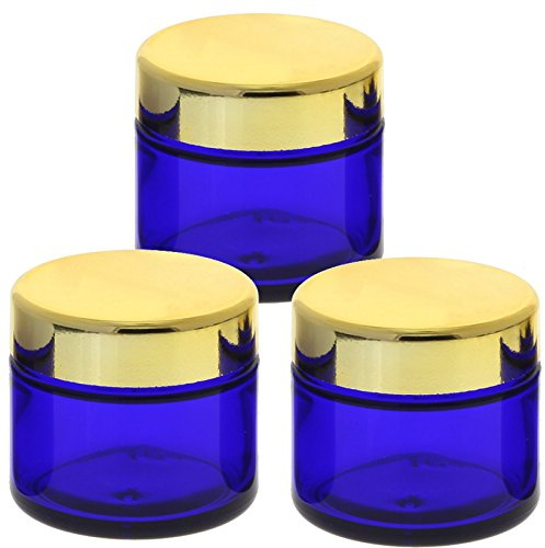 Blau Glas-Tiegel 50ml mit Deckel Gold, Leere Kosmetex Glas Creme-Dose, Kosmetik-Dose aus Blauglas, Blau - Gold, 3 Stück