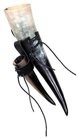 Frera Grimnirs Horn Trinkhornset 0,5l + 0,1l, 500ml +100ml inkl. Gürtelhalterung aus Leder in schwarz, lebensmittelecht lackiert, poliert, Naturhorn