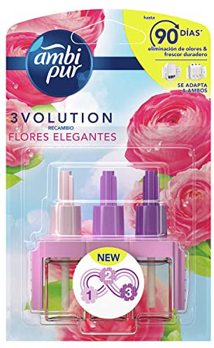 Ambi Pur 3Volution Recambio De Ambientador Eléctrico Flores Elegantes, 3 Aromas Que Alternan Para Eliminar Olores.