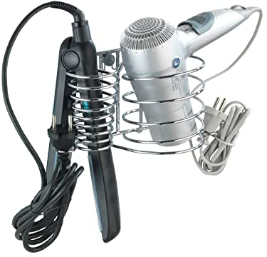 WENKO Haartrockner- & Glätteisenhalter Mod. Milano für Aufbewahrung mit Kabelhalter aus schwerem Chrom Maß 21 x 11,5 x 12 cm Farbe Silber glänzend