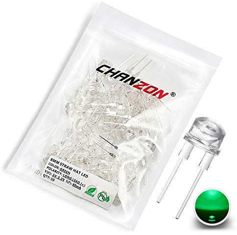 Chanzon 50 pcs 8mm Green LED Diode Lights (Clear Straw Hat Transparent DC 3V 100mA 0.25W) Super Bright Lighting Bulb Lamps Electronics Components Light Emitting Diodes