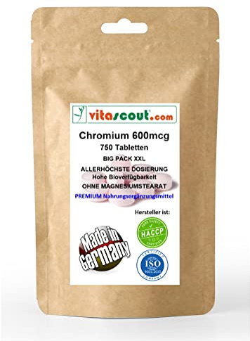 vitascout - Chromium Picolinate 600 mcg pro Tablette, 750 Tabletten, Großpackung für mehrere Personen, Ohne Magnesiumstearat, Unterstützt Stoffwechsel, Vegan