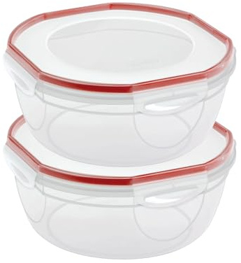Sterilite Ultra-Seal 8.1 Qt Bowl, Large Airtight Food Storage Container, Latching Lid, Microwave and Dishwasher Safe, Clear With Red Gasket, 2-Pack
