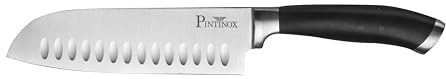 Pintinox Coltello da cucina Santoku, coltello giapponese con manico nero e lama in acciaio inox