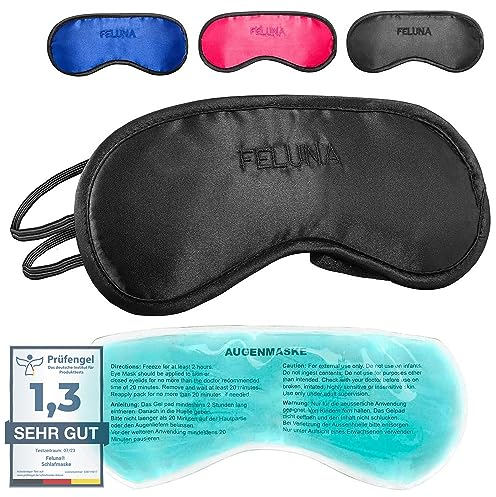 Schlafmaske mit Kühlkissen Schlaf Augenmaske Nachtmaske Schlafbrille mit verstellbarem Gummiband und Seiden-Touch Kühlpad hilft bei Migräne, Kopfschmerzen & Allergien (Schwarz)