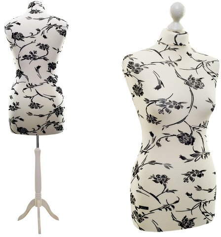 Schneiderpuppe LUCCESI / zum Probierpreis! / Size S - XL (weiblich / Female) / Torso Size M/L (38-40) | Wechselbezug Creme-Weiss/florales Muster (schwarz) / Standfuss Weiss | Schaufensterpuppe