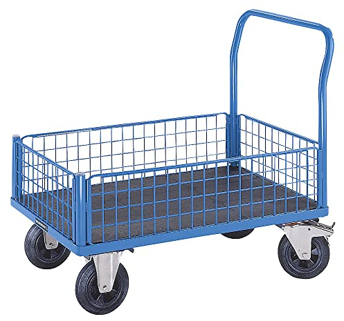 eurokraft | Plattformwagen | 4 Halbhohe Gitterwände | LxB 1050 x 700 mm | Luftreifen
