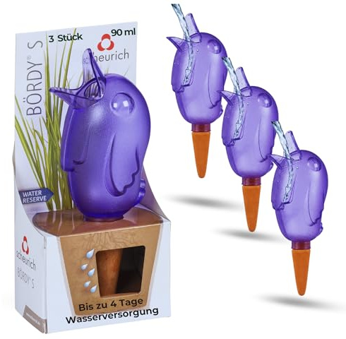 Scheurich Wasserspender S Bördy | 3 x Lila | 90ml Füllmenge | Bewässerungskugel klein mit Ton Fuß | Wasserspender Pflanzen und Blumen Terrakotta Stiel