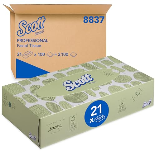 Scott Kosmetiktücher in Taschentücher Box 8837, 2-lagige weiße Kosmetiktücher, mit EU Ecolabel-zertifiziertem Papier, weiche und saugfähige Papiertaschentücher, 21 x 100 (insg. 2.100 Tücher)