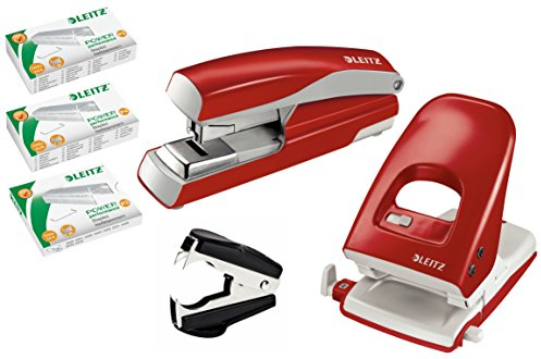 Leitz Profi Büroset 5138 Bürolocher Stark NeXXt, 40 Blatt und Leitz 5523 Flachheftgerät Stark NeXXt, 40 Blatt mit je 1.000 Heftklammern 24/6 24/8 und 26/6 (Profi Set rot)