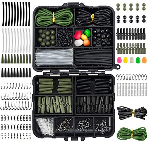 Dr.Fish 278pcs Carp Fishing Tackle Set in Box, Carp Fishing Accessories Include Hooks, Safety Clips and Swivels, Beads, Boilie Stops, Corn, Tube and other, Green Black