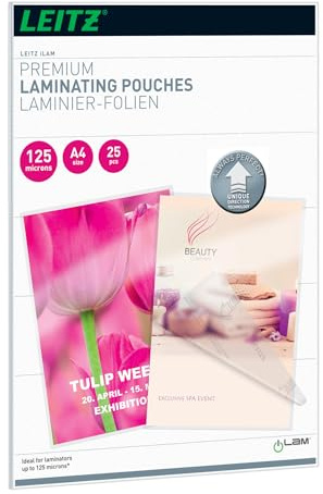 Leitz 74820000 Laminating Pouches Made of 125 Micron Thick Materia (Transparent, Glossy, A4 and UDT) - Pack of 25