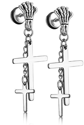 JewelryWe Schmuck Kreuz Ohrringe Edelstahl Fakeplugs Fake Plug Tunnel Ohrstecker Ohrhänger Ohr-Piercings mit Baumelnde Kruzifix Anhänger für Herren Damen, 6 Farben