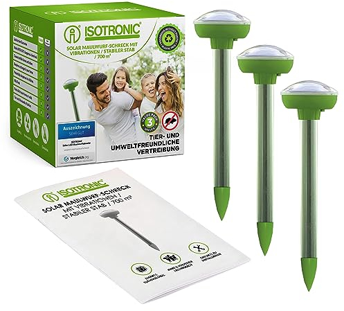 ISOTRONIC Solar Maulwurfvertreiber | gegen Bodentiere wie Maulwürfe, Wühlmäuse, Ameisen, Schlangen UVM. | Maulwurfschreck mit Frequenzschwingungen & Vibrationen - 700m² Wirkungsbereich (3 Stück)