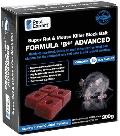 Pest Expert Formula 'B+' Advanced Rat Bait Poison & Mouse Poisoning Indoor Killer Bait Blocks (300g), Professional Strength Single Feed Brodifacoum