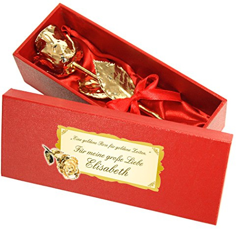Echte Goldene Rose, Überzogen mit 999er Gold, mit Persönlichem Wunschtext, ca. 16 cm Lang, inkl. Hochwertiger Satin-Geschenkschatulle und Echtheitszertifikat