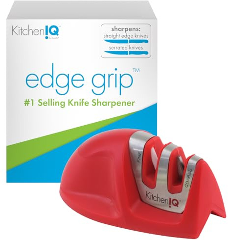 KitchenIQ 50883 - Edge Grip 2-Stage Knife Sharpener - Red - Coarse & Fine Sharpeners - Compact - Stable Non-Slip Base - Soft Grip Rubber Handle - Straight & Serrated Knives