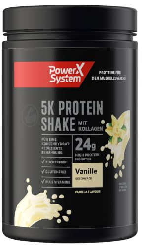 Power System 5K Protein Shake Vanille, Mehrkomponenten-Protein, 360 g | Eiweißpulver aus 5 Proteinquellen mit Kollagen, 24 g Protein pro Portion und zuckerarm, mit 9 essenziellen Aminosäuren