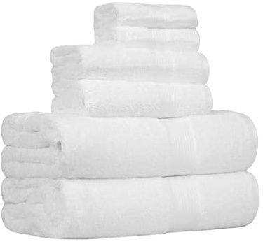 Amazon Basics 6-Piece Oversized Highly Absorbent Fade-Resistant Towel Set, 100% Cotton Towels for Bathroom, Soft, 2 Bath Towels, 2 Hand Towels, 2 Washcloths, White