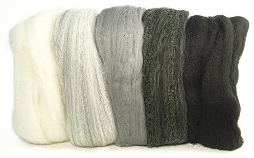 RAYHER HOBBY 5364900 Filzwolle, Merinowolle, Kammzug, fein, 19 mic, 5 Farben je 10g, Schwarz-Weiß-Grau, 100% Schafschurwolle zum Filzen, 50g