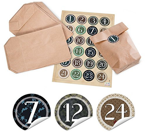 Logbuch-Verlag 24 Adventskalender Papiertüten zum Befüllen mit vintage Zahlenaufkleber grün braun Verpackung 14 x 22 x 5,5 cm