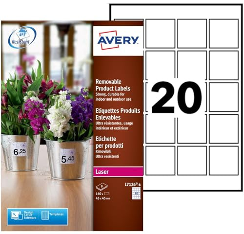 Avery Etiketten, selbstklebend, ablösbar, aus Polyester, 45 x 45 mm, Laserdrucker, 160 Stück