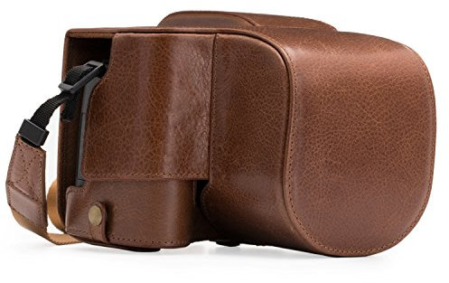 MegaGear Leica V-Lux (Typ 114) Ever Ready Echtleder Kamera-Case mit Trageriemen und Batteriezugang Dunkelbraun MG550