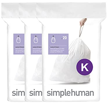 simplehuman CW0260 code K Custom Fit Bin Liner Bulk Pack, White Plastic (3 Pack of 20, Total 60 Liners)