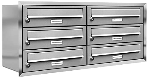 AL Briefkastensysteme, 6er Unterputzbriefkasten, Briefkasten rostfrei, 6 Fach Briefkastenanlage modern, Edelstahl Postkasten