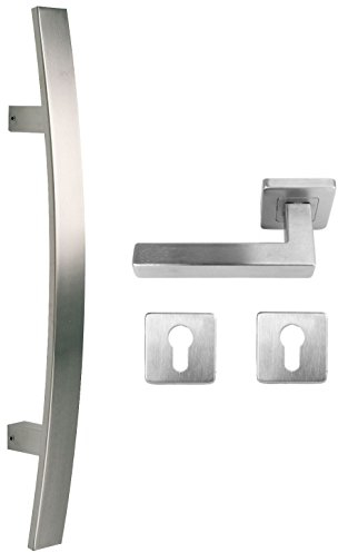 Edelstahl Haustür Beschlag- Set auf quadratischen Rosetten - Griffänge 800mm