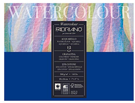Honsell 17311824 Fabriano Watercolour - Cartoncino ad Acquerello, 300 g/m², 18 x 24 cm, 12 Fogli incollati a Testa, Bianco Naturale, Grana fine, Senza acidi, Superficie vellutata