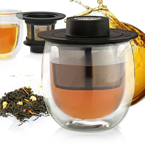 Finum Hot Glass System mit Filter - Teeglas aus Doppelwandigem, hitzebeständigem Borosilikat-Glas, Filter aus mikrofeinem, rostfreiem BPA-freiem Kunststoff, Ideal für Tee, Kaffee und Kräuter - 200 ml