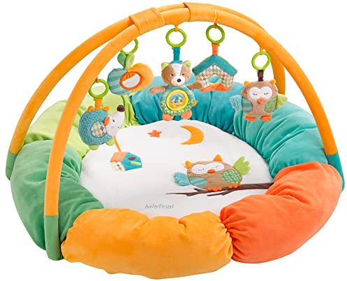 Fehn 3-D-Activity-Nest Spielbogen Eule – Baby Krabbeldecke rund mit 5 abnehmbaren Spielzeugen zum Greifen – Spieldecke für Babys und Kinder ab 0+ Monaten – Krabbelmatte als Geschenk zur Geburt