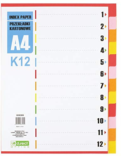 D.RECT Register für A4, K12, 12 Trennblätter, Ringbuchregister, Taben mit Zahlenaufdruck 1-12, Mehrfarbig, Farb-Trenner aus Karton