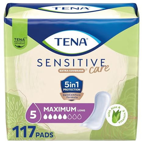 TENA Incontinence Pads, Bladder Control & Postpartum for Women, Maximum Absorbency, Long, Sensitive Care - 117 Count