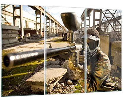 Mehrteilige Bilder auf Glas 165x110cm Glasbild Paintball Pistole Spieler Groß XXL Wanddeko Schlafzimmer Küche Set 3 teilige Wandbilder Dekoration Wohnzimmer Modern Wand Kunstdruck Art GCE165x110-0140