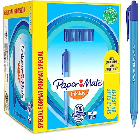 Paper Mate InkJoy 100RT Kulspetspennor med tryckknapp | Mediumspets (1,0 mm) | Blå | 100 stycken