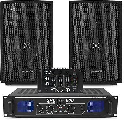 Vonyx SL8 Home DJ Setup - Beginner Bedroom PA System with 8-Inch Passive Speakers, 500W Amplifier, 4-Channel Mixer, Crossfader & Cables, DJ Amplifier and Speaker Package