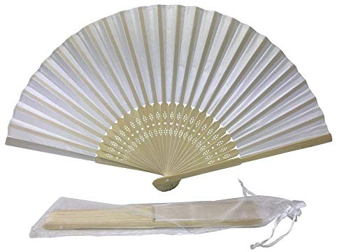 White Silk Fabric Hand Fans for Women Girls for Wedding Party Folding Bamboo (White)