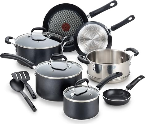 T-Fal Experience Antihaft-Kochgeschirr-Set, 12-teilig, Induktion, ofenfest, 100 °C, Küchen-Kochset mit Bratpfannen, Stielkasserolle, Suppentopf, Küchenutensilien, Töpfen und Pfannen,