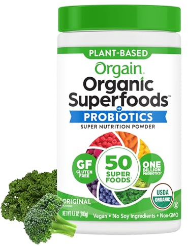 Orgain Organic Greens Powder + 50 Superfoods, Original - 1 Billion Probiotics for Digestive Health, Antioxidants, Vegan, Plant-Based, Gluten-Free, Non-GMO, Green Juice & Smoothie Drink Mix - 0.62lb