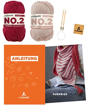myboshi Strickset Dreieckstuch Surprise für Anfänger, inkl. No.2 Wolle, Nadel und Anleitung, Strickpaket, 85% Baumwolle, 15% Kapok Rot, mit Rundstricknadel