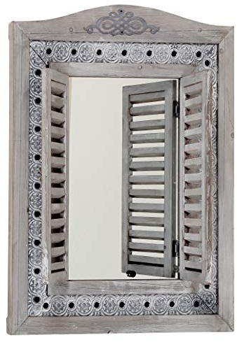 WHOLE HOUSE WORLDS Amerikanischer Fensterladen-Spiegel, Vintage Grau, Rustikal, Abgenutzt, Metallrand, Holz, Glas, 55 cm