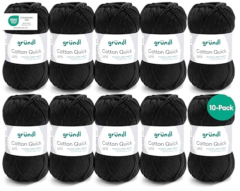 Gründl Wolle Cotton Quick uni Häkelgarn 10 Knäuel 50 g, Schwarz | dünne Wolle zum Häkeln - Strickgarn - Häkelgarn - Glänzend und hautfreundlich - 100 % Baumwolle - 50 g / 125 m