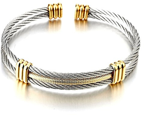 COOLSTEELANDBEYOND Men Women Two-Tone Twisted Cable Cuff Bracelet with Gold Tone Accents, Stainless Steel Wire Bangle, Adjutable, Classic Minimalist Jewelry Gift