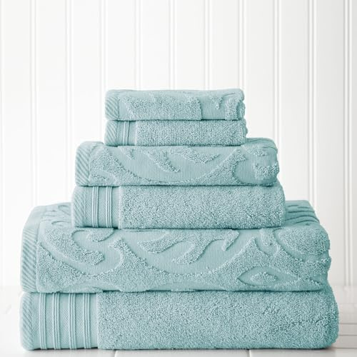 Amrapur Modern Threads 6-teilig, 2 Badetücher, 2 Handtücher, 2 Waschlappen, Medaillon Jacquard/Solid Ultra Soft 550GSM 100% gekämmte Baumwolle Handtuch-Set Sterling Blue