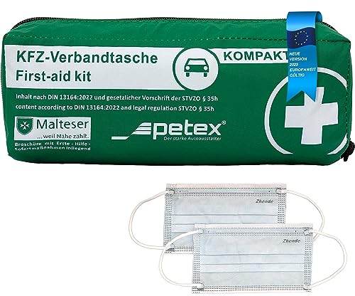 Petex Verbandtache KFZ-Verbandtasche, grün, kompakt, aktuelle Norm 2022, Inhalt nach DIN 13164:2022