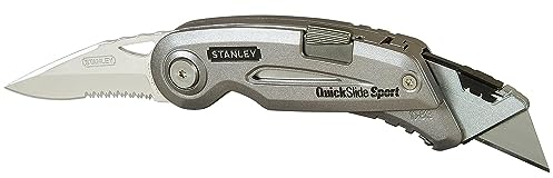 Stanley 0-10-813 Couteau Sport Quickslide Lame en Acier Inoxydable - Cran d'Arrêt avec Bouton Poussoir - Corps Métallique Compact et Ergonomique - Fournit avec 2 Lames Argent