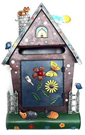Wandbriefkasten mit Zeitungsrolle für A4 Umschläge, Briefkasten fantasievoll, Postbox, Postkasten farbenfrohe Dekoration Metall bunt bemalt, (Haus mit Katze)