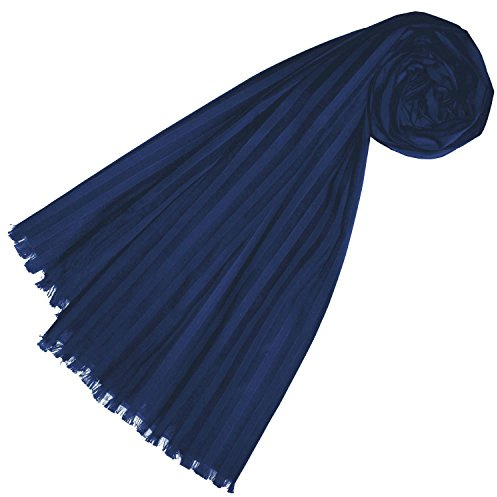 Lorenzo Cana Damen Schal aus feinster Baumwolle mit Seide aufwändig jacquard gewebte dezente Webstreifen Naturfaser Schaltuch DunkelblauTuch 55 cm x 180 cm